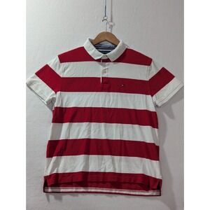 Tommy Hilfiger Polo Shirt Large Red White Stripe Short Sleeve